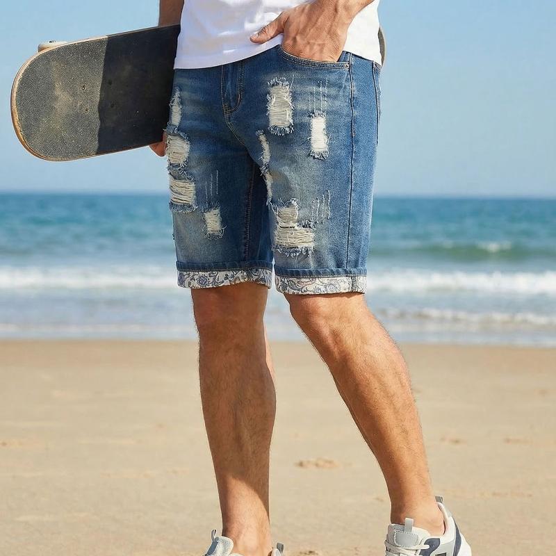 Short en Jean déchiré pour hommes, lavage moyen, taille moyenne, multi-effiloché, imprimé Paisley, manchette roulée, décontracté, été