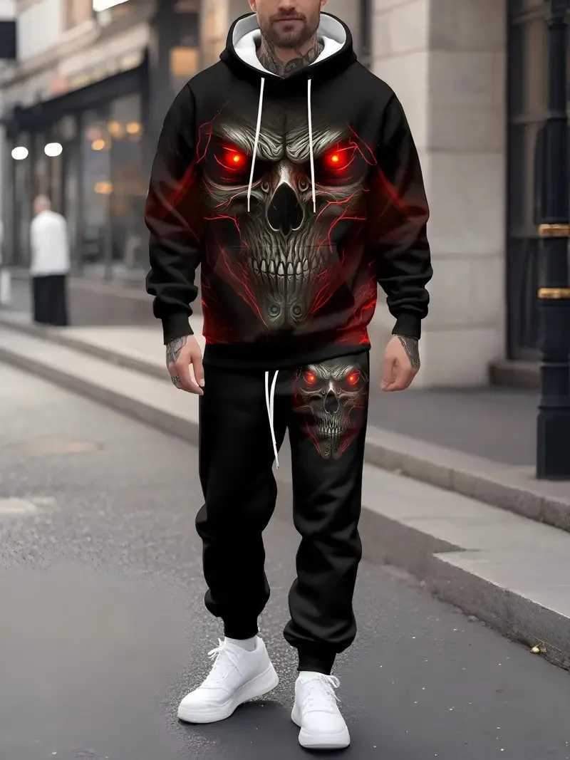 The new men's set for Spring and Autumn 2025 features a casual fashionable and comfortable 3D skull pattern print T260924