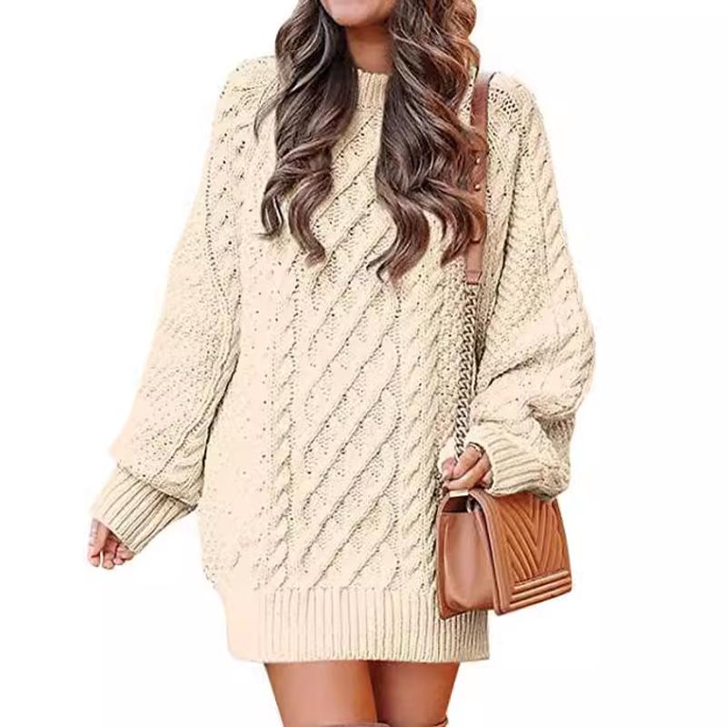 Designer Style Nouvelle Arrivée Haute Qualité Femmes Élégant Surdimensionné Câble Pull En Tricot Robe À Manches Longues Col Rond Mi-longueur Chau