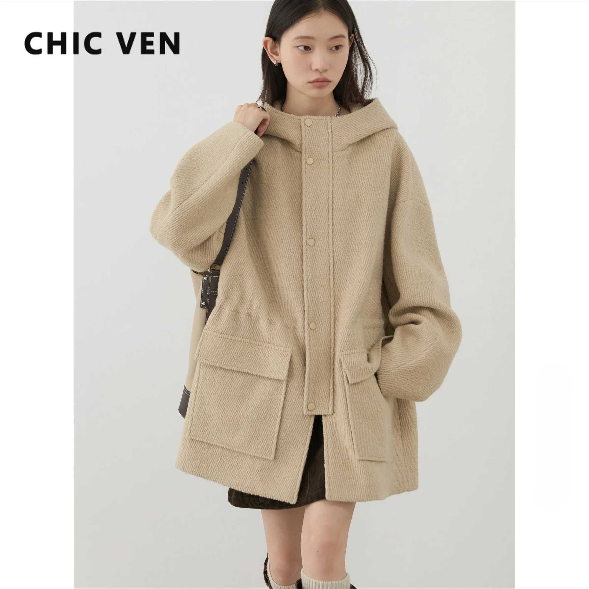 CHIC VEN Women's Woolen Coat Loose Solid New British Hooded Jackets Drawstring Mid-length Ladies Windbreaker Autumn Winter 2024 Z260924