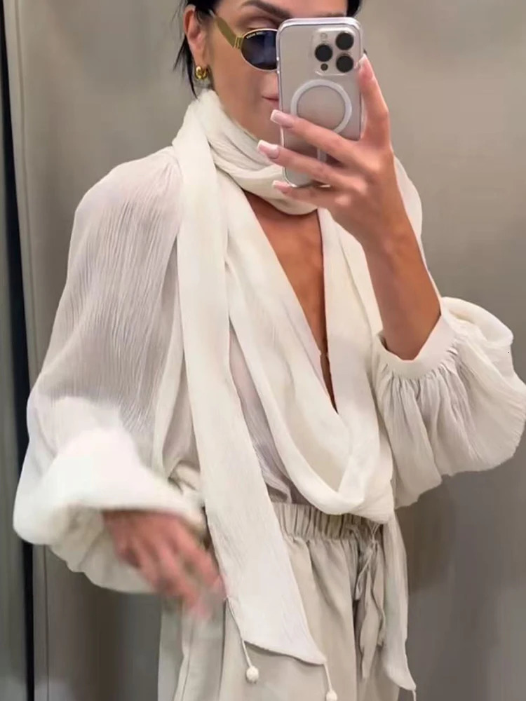 Scarf Collar Shirt For Women Elegant Autumn Long Sleeve V Neck See Through Loose Blouse Fashion Lady High Street Tops 260923