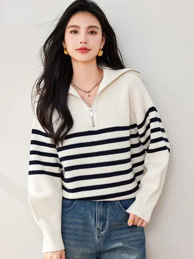 Women's Sweaters Women's Sweaters Knitwear Autumn Fashion Striped Oversized Sweater Women Zipper Knitted Pullovers LOOSE Casual Turndown C