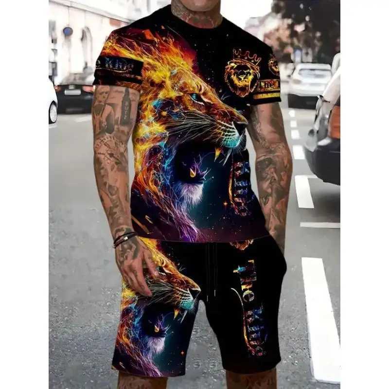 New Animal Lion 3D Print Tracksuit Men's Beach Suits Casual O-Neck Short Sleeve T-Shirt Shorts Sets Sportswear Men 2pcs Clothing T260924