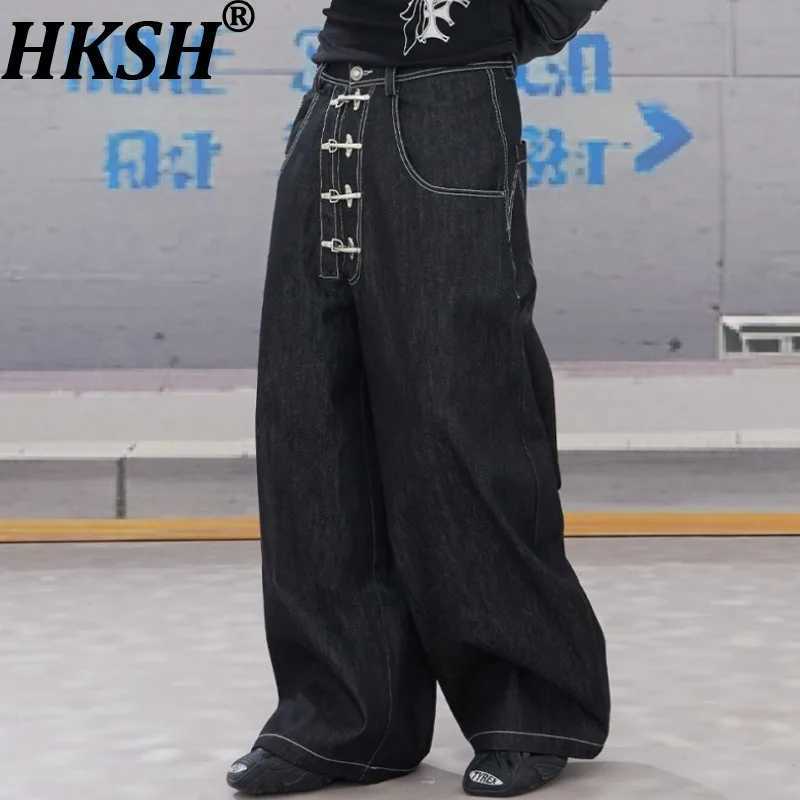 HKSH 2026 Spring Autumn New Men Tide Punk Fashion High Street Design Denim Pants Original Cowhide Buckle Baggy Ins Jeans HK17267 S260924LQGV