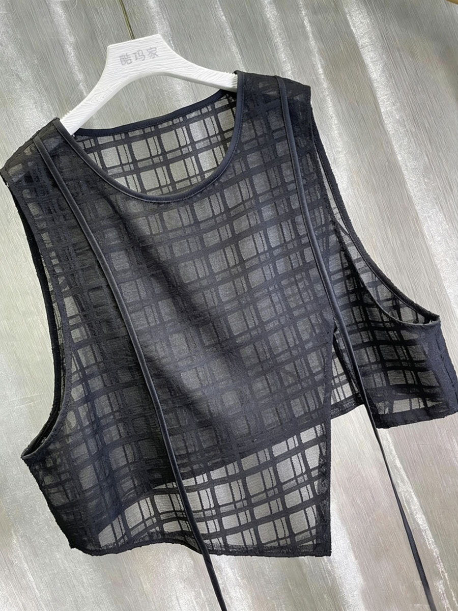 Spring Summer Irregular Lace Plaid Mesh Vest Women's Fashion Ageless Grid Top Outerwear round Neck Short Length Polyester