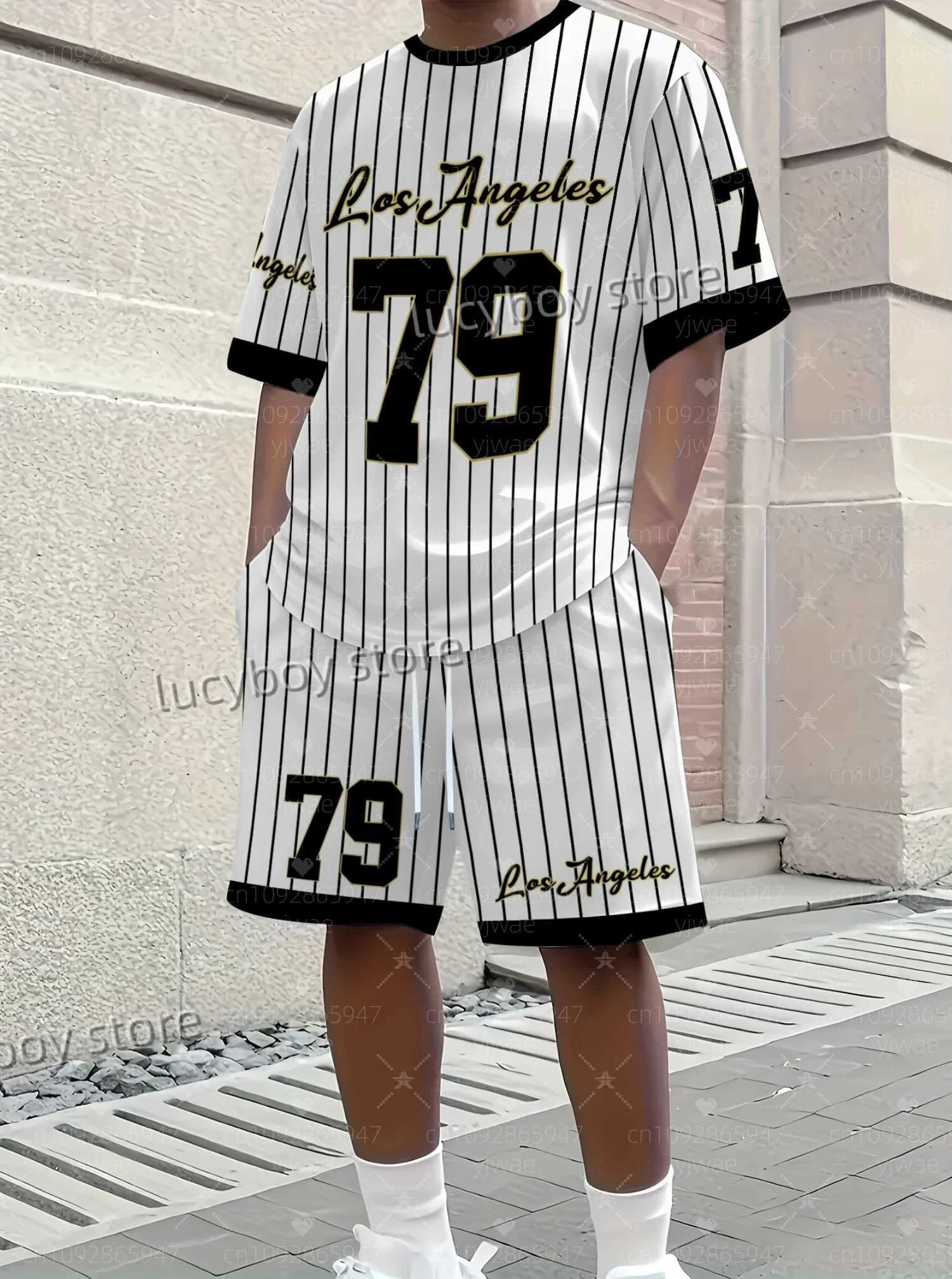 Summer Men 3D stripe 79 Print Set Short Sleeve T-Shirt Shorts Set Adult Sport Jogging Plus Size Tracksuit 2 Piece Set T260924