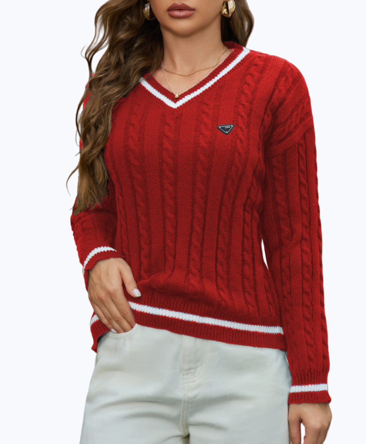 designer Retro style V-neck pullover women sweater with white trim and long sleeves womens garment made of twisted knit fabric women Daily outings
