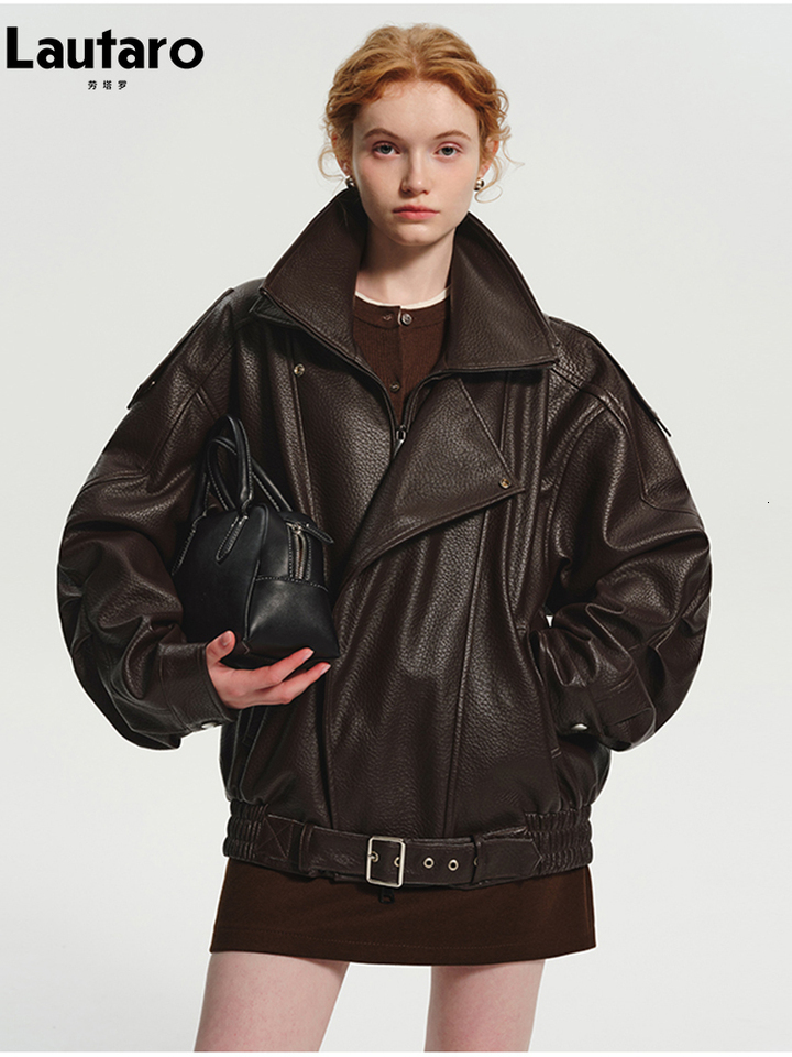 Lautaro Spring Autumn Cool Brown Oversized Pu Leather Jacket Women Long Sleeve Zip Up Luxury Designer American Retro Clothing