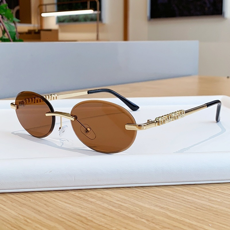 Vintage Brand Designer Sunglasses M Brand Diamond-Embellished Letter Temple Sunglasses, Runway Style, European And American Fashion, Oval Frameless