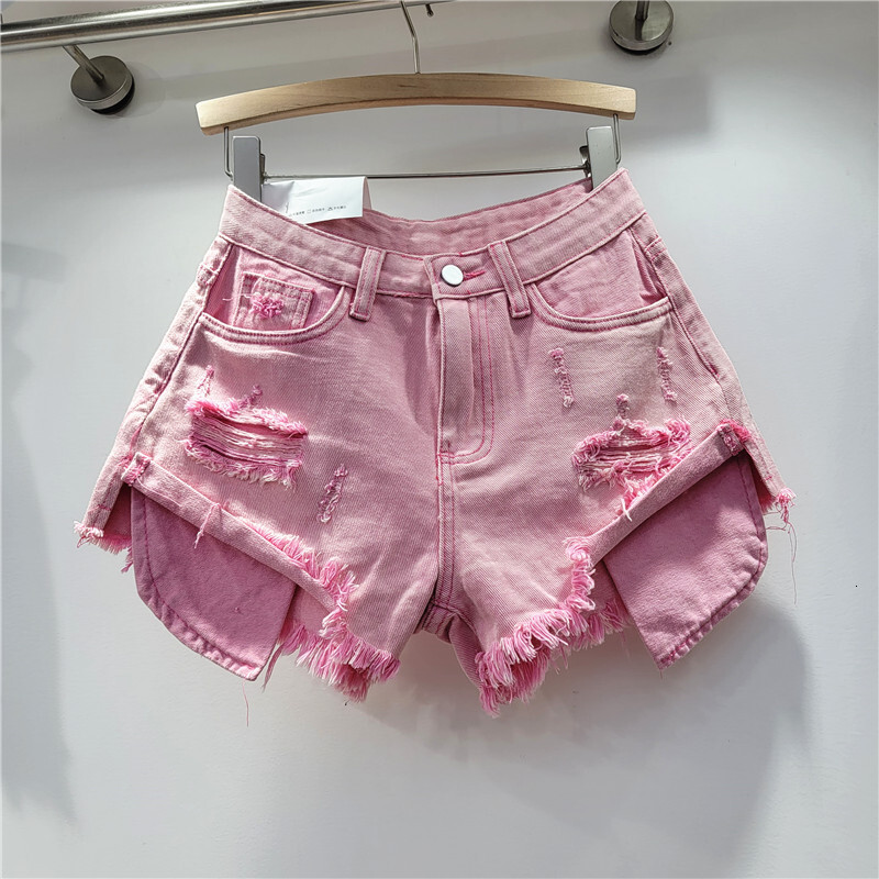 2026 Summer New Women's Pink Hole Denim High Waist Slimming Spicy Girl A-line Ragged Edge Shorts