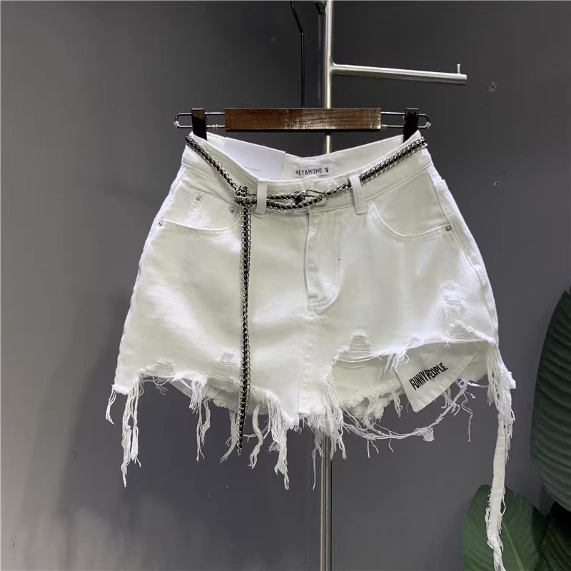 2026 New Korean White Raw Irregular Denim Women's Anti-Walk Naked Hole Pocket Exposed Short Skirt