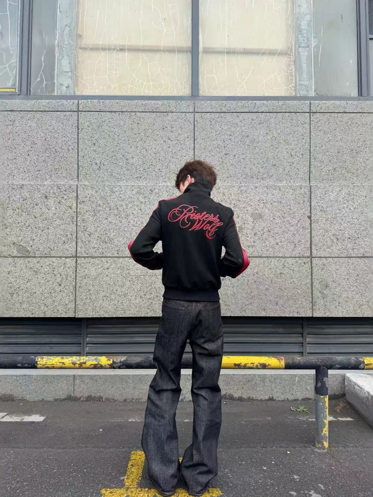 American-style high-street black and red patchwork blood wolf embroidered jacket, unisex, Rude Wolf short, wide-fit cardigan, versatile outerwear fo
