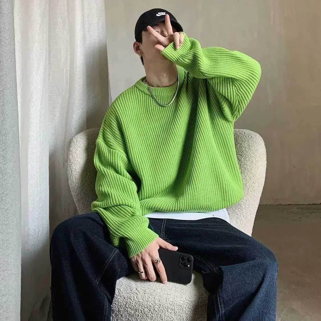 Sweaters Knit Men's Sweater Male Crewneck Round Collar Pink Men's Clothing Pullovers Solid Color Plain Korean Style Y2k Streetwear Fashion