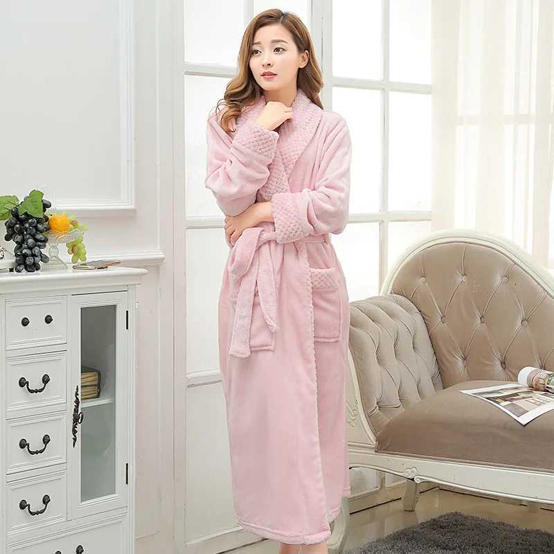 Sleep Lounge Women's Winter Thick Nightgown Women's Solid Terry Long Sleeve Ladies Bathrobe Pockets Warm Flannel V Neck Loose Bath Robes f