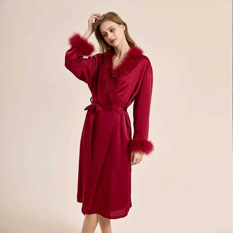Lounge Pigiama da donna Luxur in flanella di piume da donna Accappatoio in morbido pile di peluche Accappatoio medio-lungo con tasche Abbigliamento