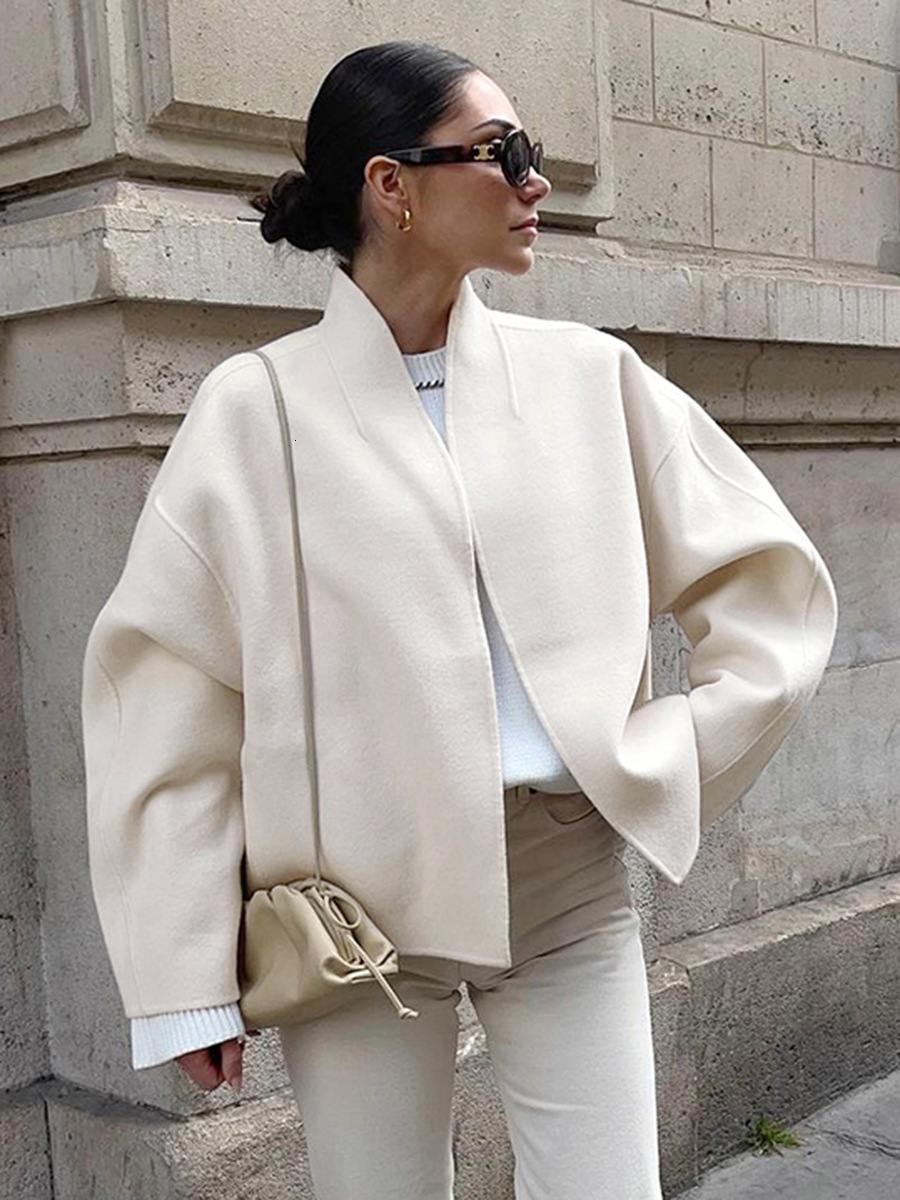 Cross-Border French Fashion Apricot Woolen Coat For Women, Autumn And Winter Design, Loose V-Neck Jacket, Women's Clothing Makoufei