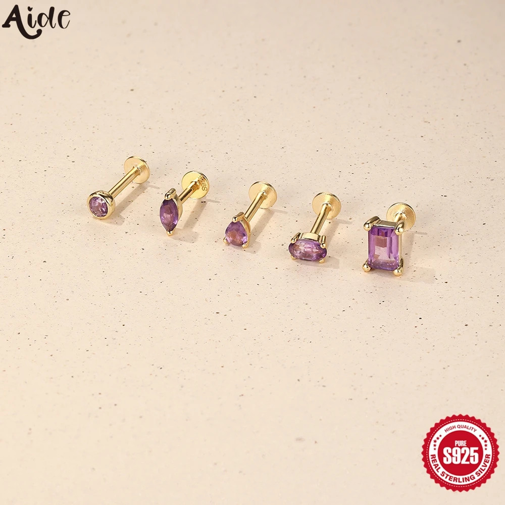 Aide Plata 925 Sterling Silver 1 Piece Natural Amethyst Piercing Earrings Flat Head Threaded Puncture Ear Bone Studs Jewelry 260924