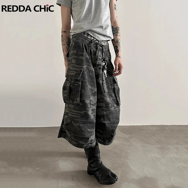 REDDACHiC Pantalones cortos de mezclilla de camuflaje para hombre de talla grande Vintage plisado pierna ancha multibolsillos Cargo Jeans Jorts Hip