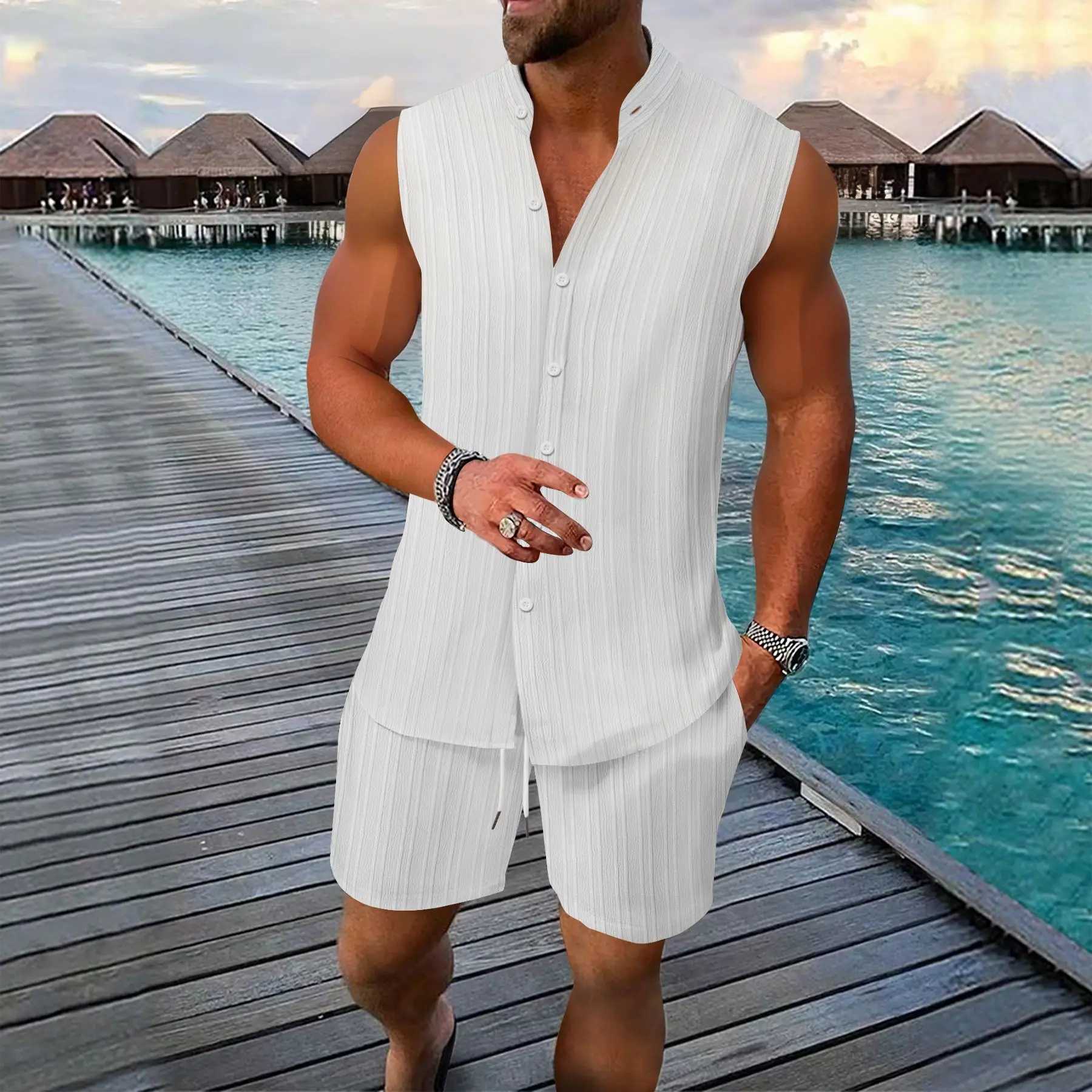 Summer beach sports set for men Casual striped solid color stand-up collar button vest shirt + shorts Breathable 2-piece set T260924