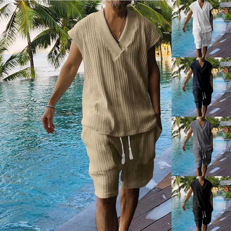 2024 Summer New Men's Set Quality Jacquard Knit Casual Sleeveless V-neck Vest Top Shorts Two-piece Men's Clothing Free Shipping T260924