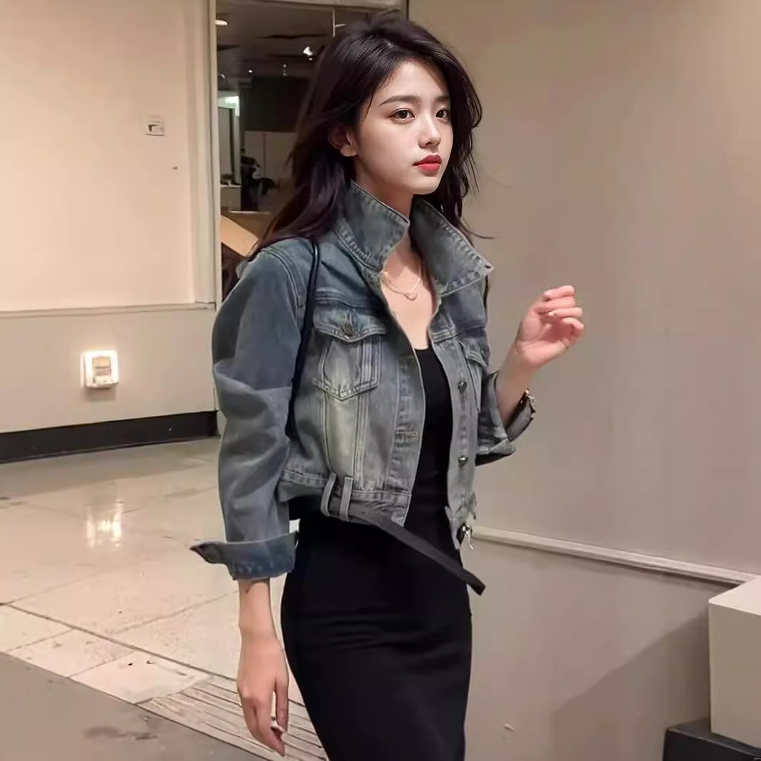Retro Washed Short Denim Jacket for Women Spring Autumn Hong Kong Style Fashionable Top Layer Straight Tube Thin Model
