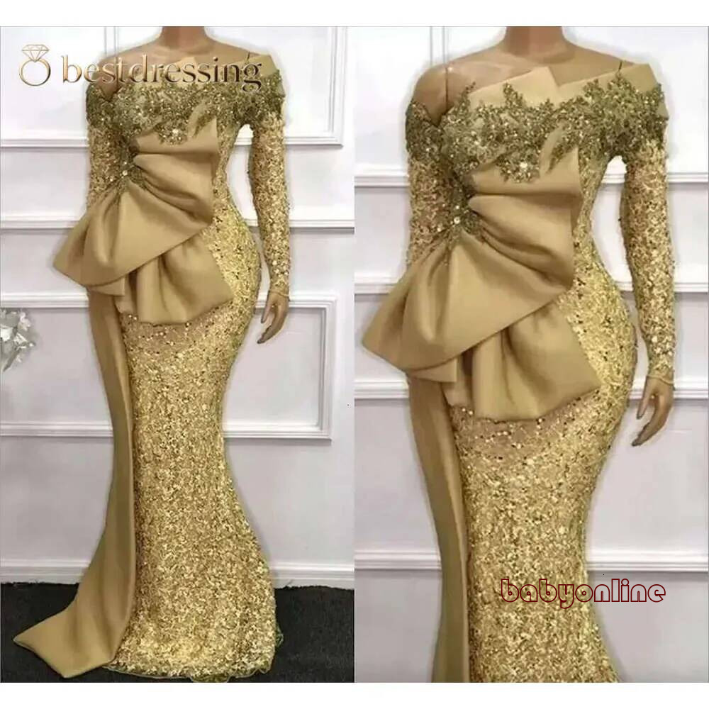 Modest Gold Long Sleeve Mermaid Mother of Bride Groom Dresses With Glittering Sequins Beads Long Women Formal Party Evening Gowns Arabic Aso Ebi Cel