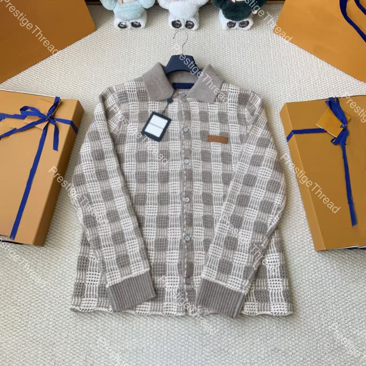 26 Fall/Winter New Designer Men's Sweaters, Tweed Plaid Turn-Down Collar Button Long Sleeve Knit Sweater with Leather Logo Patch