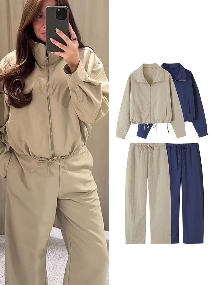 TFMLN Casual Womens Trouser Suits Long Sleeve Stand Collar Jackets Loose Straight Pants 2026 Autumn Solid Simple Leisure Set 260922