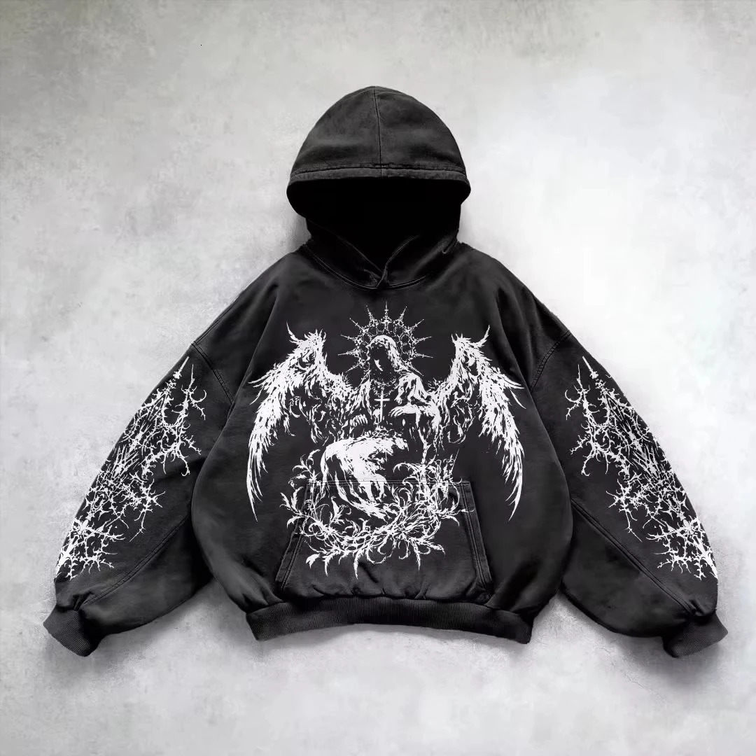Retro Gothic Graphic Print Hip Hop Hoodie for Men Y2k Grunge Punk Casual Loose Pullover Women Streetwear Sweatshirt Hoodies 260920