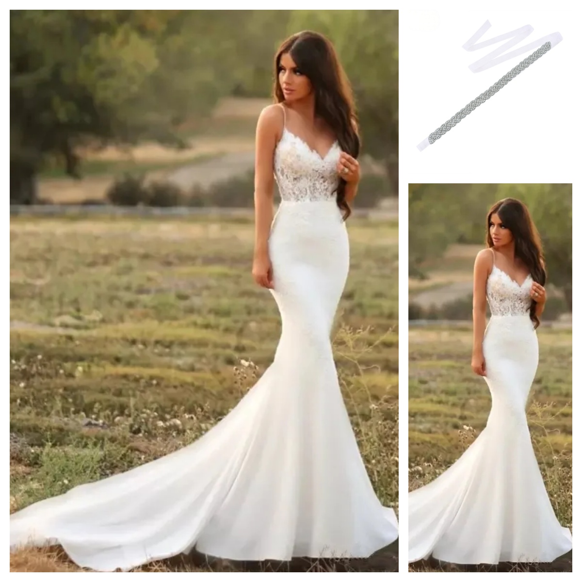 Simple Sexy Mermaid Wedding Dresses Belt Free Spaghetti Straps Lace Applique Illusion Satin Garden Country Bridal Gowns Sweep Train Open Back Plus S