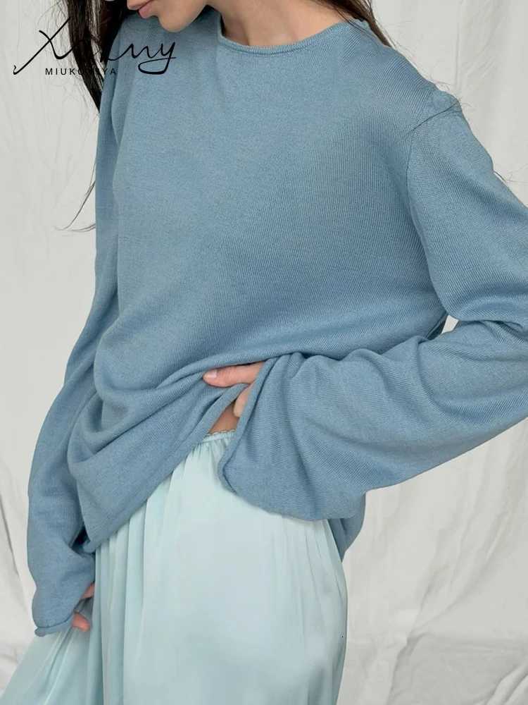 Women's Sweaters MiuKoMiYa Women See Through Tops White Long Sleeve Thin Oversize Sweaters Ladies Knit O-neck Pullovers Loose Blue Tops For Wom