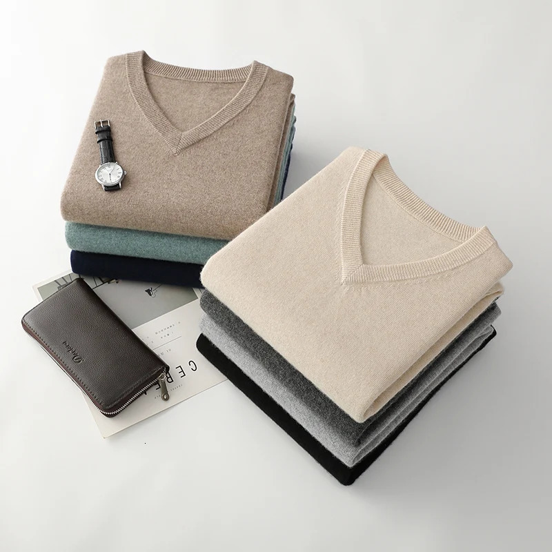 AutumnWinter Men's 100Pure Wool Pullover Business Casual Solid Knitted Sweater Loose Vneck Tops Basic Thick Warm Jumper 260910