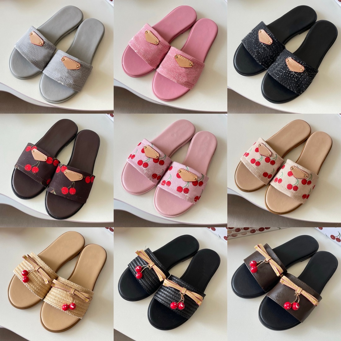 2026 Luxury Slippers Women Designer Sandals Flat Slides Genuine Leather Denim Black White Pink Beige Brown Lady Lovely Summer Sunny Beach Platform F