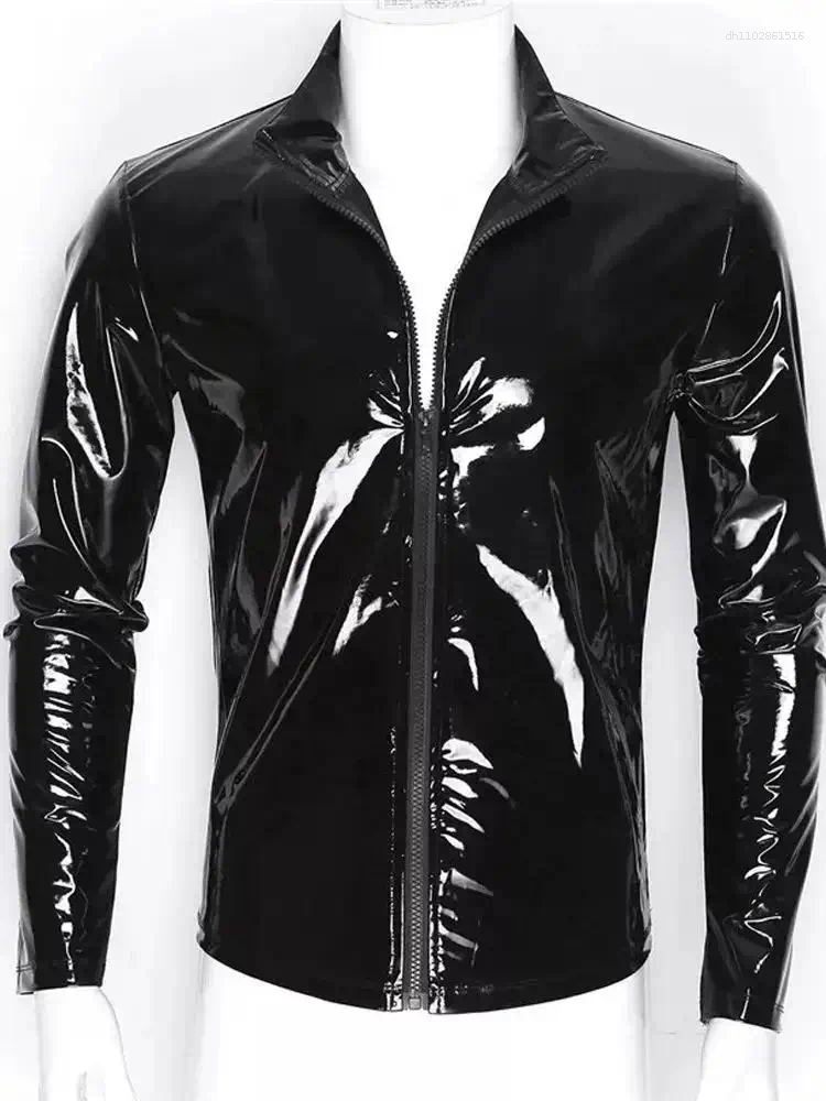 Men's Jackets Sexy Long Sleeve Wet Look PVC Mens Coats Shiny PU Leather Tops Tights Clubwear Windbreaker Streetwear Motorcycle T Shirt