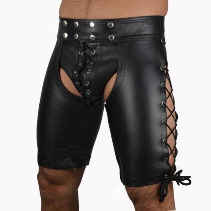 Mens Black PU Leather Cut Out Shorts Side Crisscross Lace Up Rivet Waistband Bar Party Costume Shorts High Waist PU Leather Performance Sexy Shor