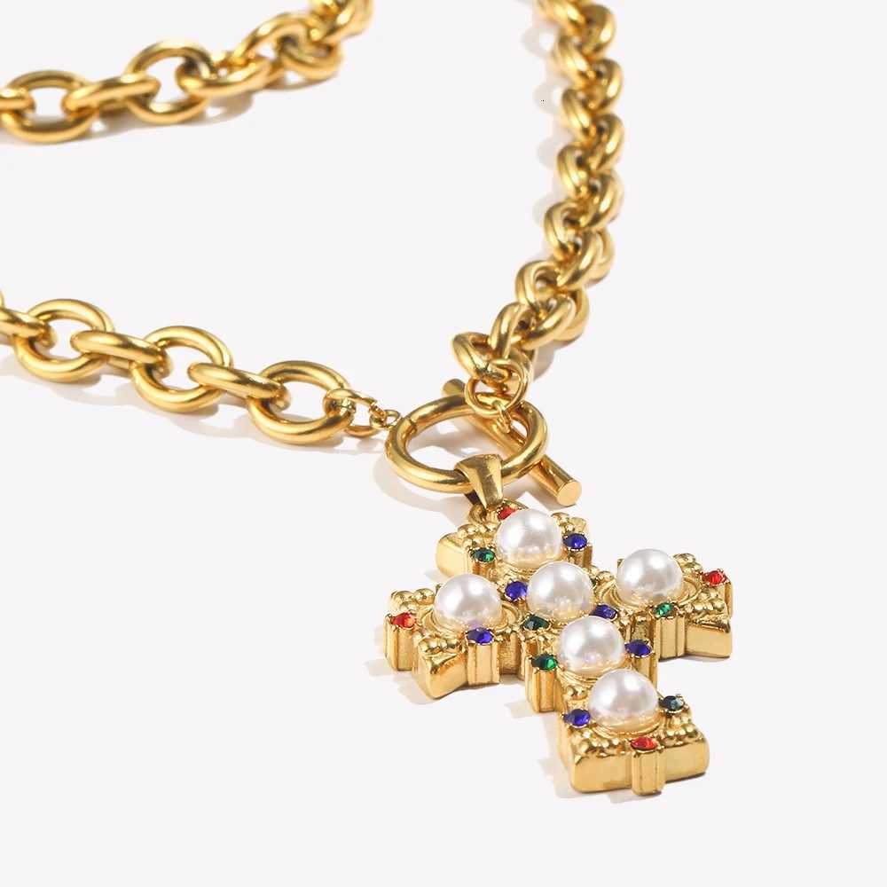 Style Pendant Necklaces E.B. Vintage OT Buckle Blue Rhinestone Pearl Cross Pendant Necklace 18K Gold Plated Stainl Steel Neck Jewelry N260924