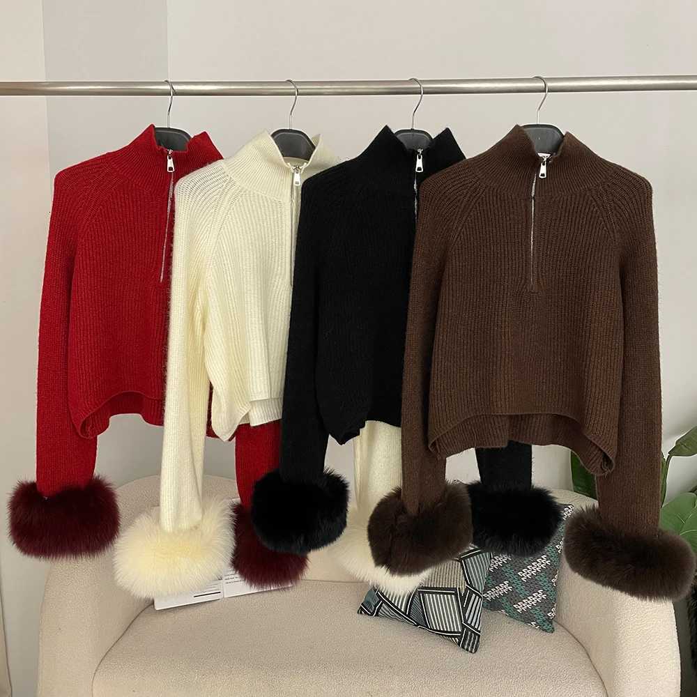 Women's Sweaters Knitwear Spring Pullover New Sweater Women Autumn Patchwork Real Fur Coat Zipper Underlay Loose Premium Sweater Female Fashion