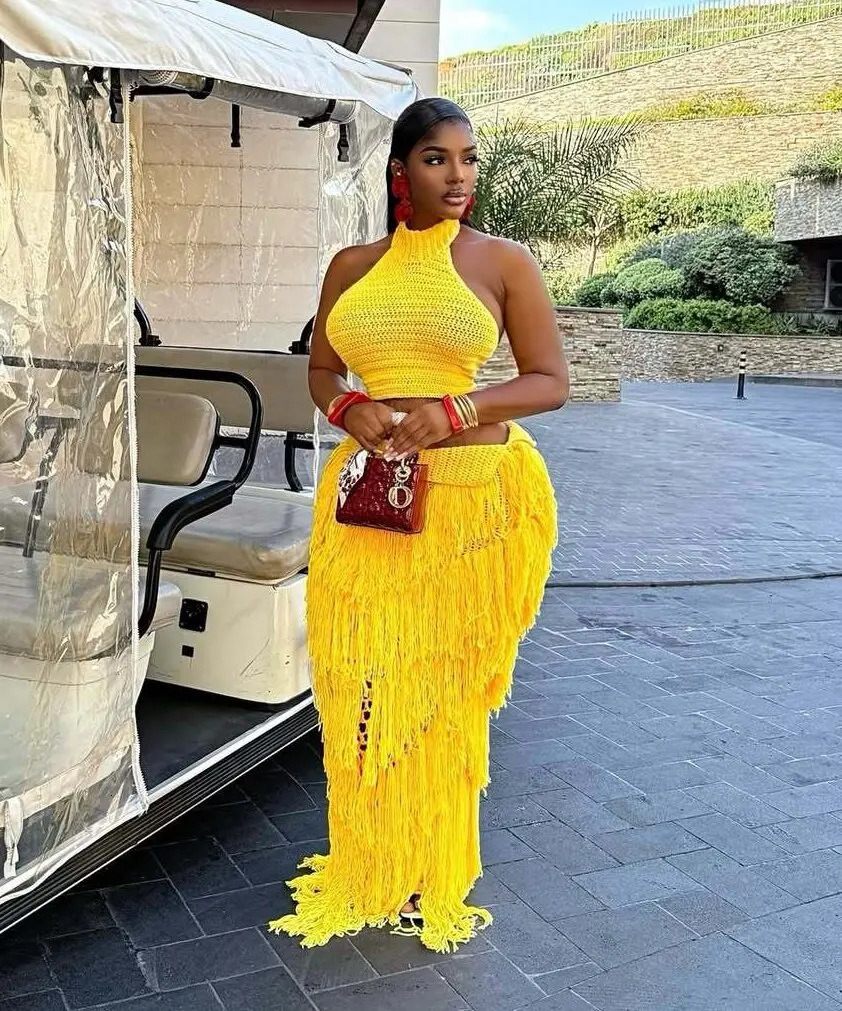 Knitting Boho Tassel Long Skirt Outfits Sexy Women Elegant Two Pieces Summer Club Matching Set Denim TopSkirt 260922