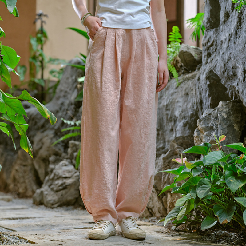 Johnature Vintage Solid Color Long Linen Elastic Wasit 2025 Spring New Trouser Pockets Loose Women Straight Pants