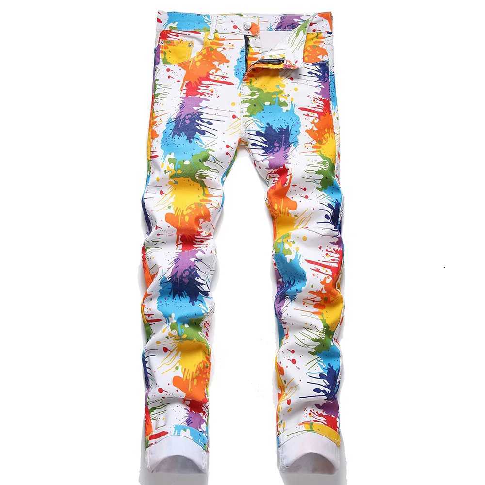 Men's Jeans Men Digital Print Jeans Fashion Y2K Fancy Color Painted White Stretch Denim Pants Plus Size Slim Straight Pants H260924