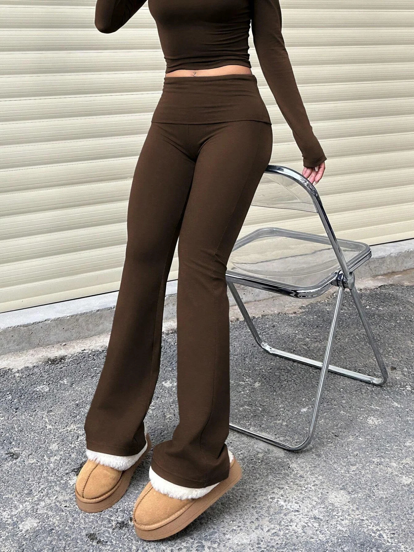 2026 Spring Chic Drops Rich Brown Womens High Waist FloorLength Flare Pants Stretchy Slim Fit HipLifting Casual Street Dail 260928