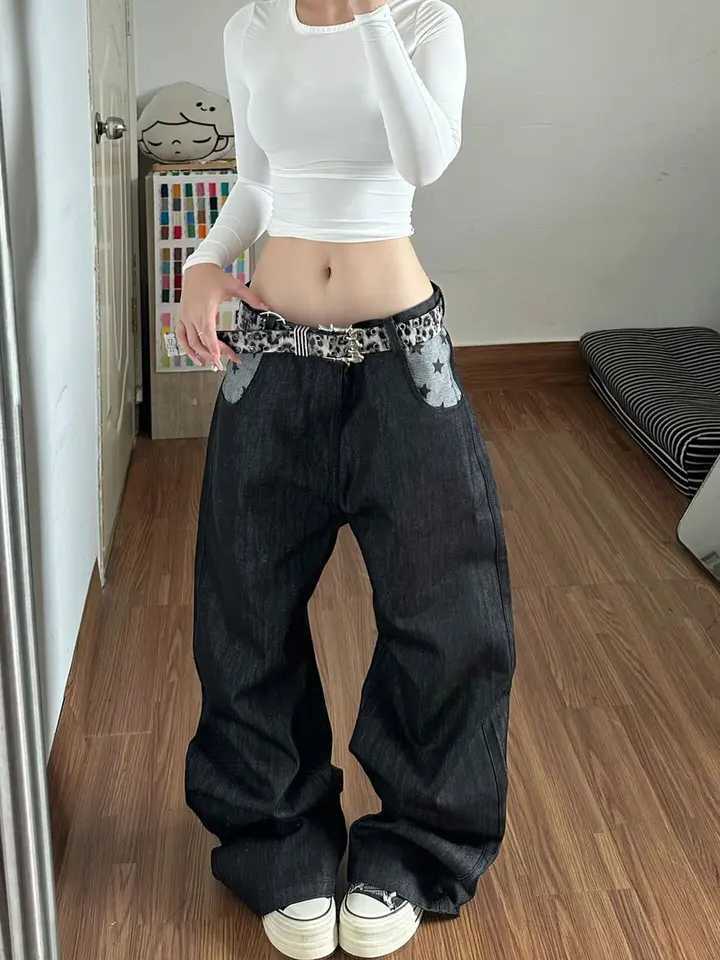 Men's Jeans Women Man Black Baggy Y2k Jeans American 2000s Style Japanese Star Splice Pants Vintage Harajuku Oversize Denim Trousers H260924
