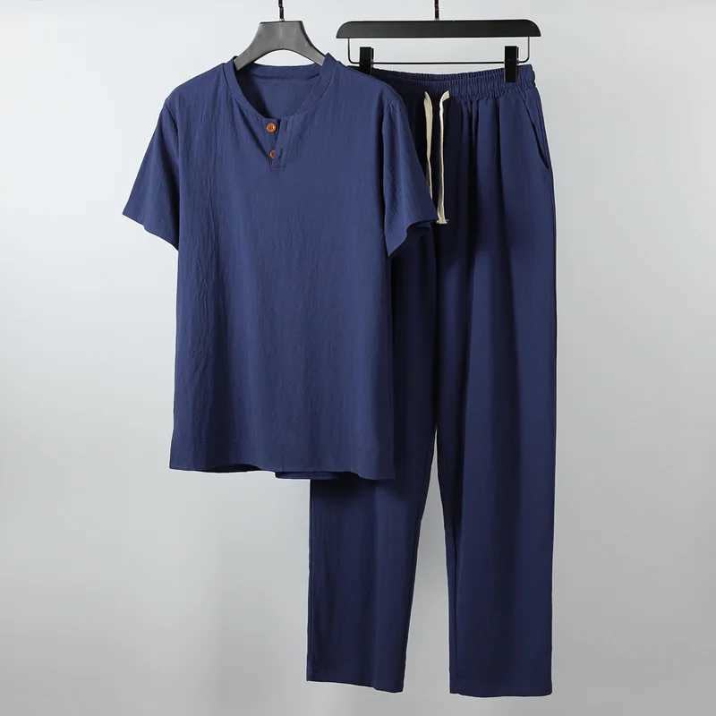 Men's Clothing Large Size Tracksuit Husband 2021 Summer Suit Linen t-shirt Fashion Male Set Chinese Style 8XL 9XL plus Two Piece T260924