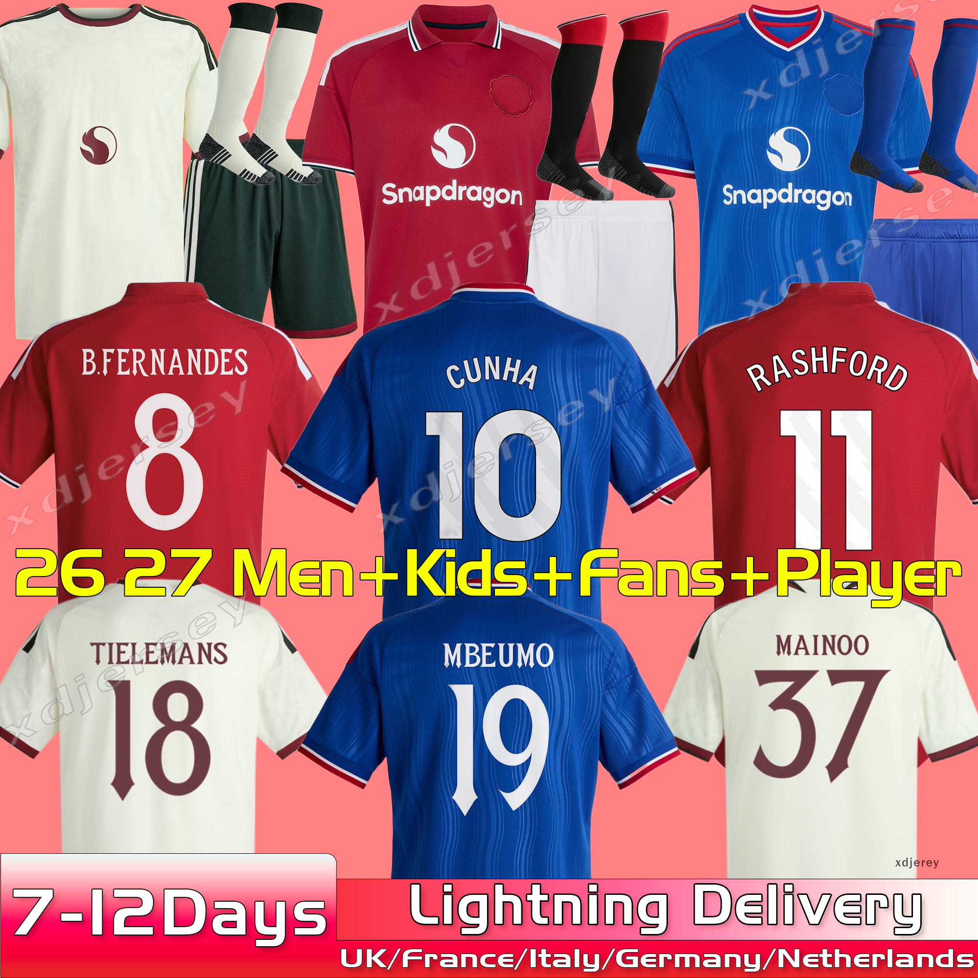 26 27 Maillots de football Rose Pre Match Fans Joueur FERNANDES Homme Chemise de football Stone Roses CUNHA Kit enfants 26 27 Uniformes Rashford