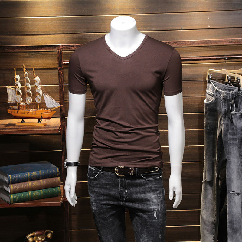 Summer Coffee Short V-Neck Slim Fit Solid Color Base Shirt Men's Half Sleeve Fashion T-Shirt