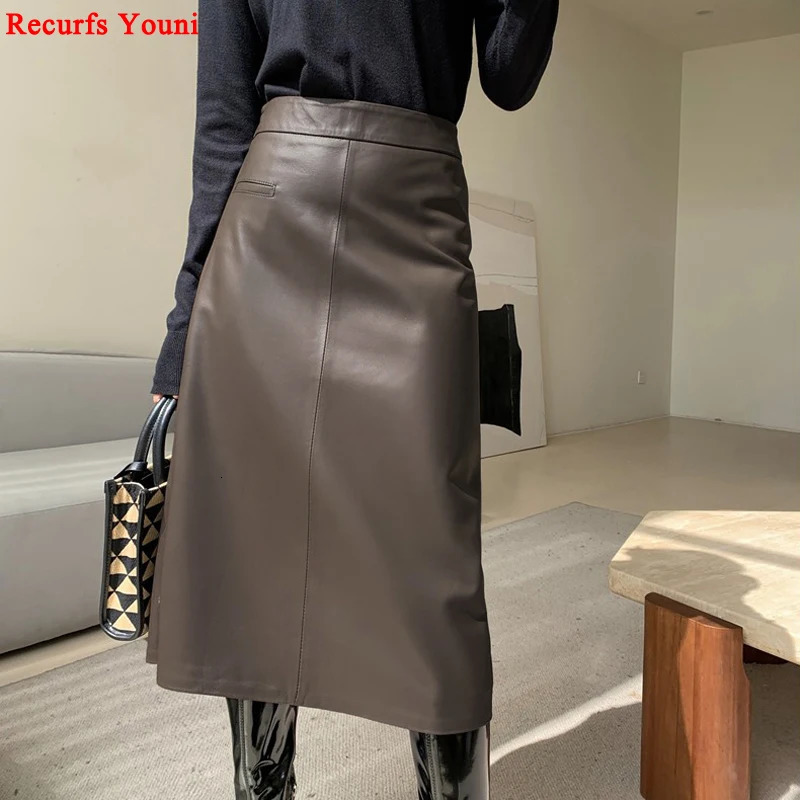 Spring Genuine Leather Skirt For Women High Sense Vintage A-line 70 cm Jupe Longue Femme Simple Maxi Apricot Black Etekler 260923