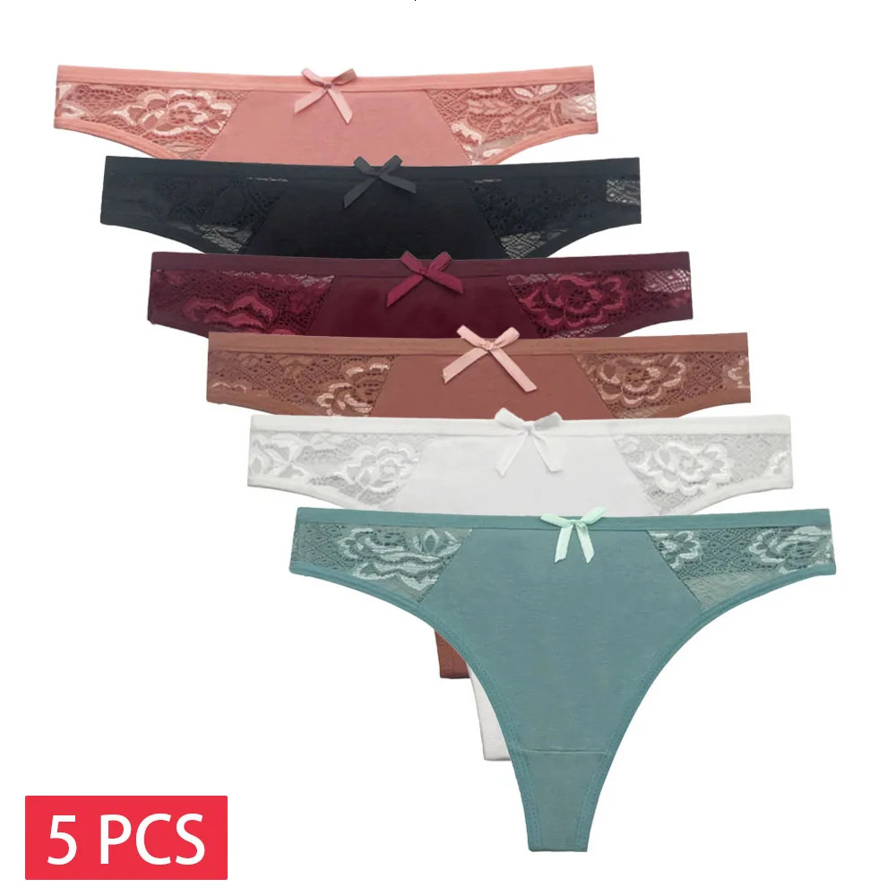 5 PCSSet Cotton Thong Women Underwear Sexy Lace Panties Female Underpants Solid Color Lingerie LowRise Gstring 260923