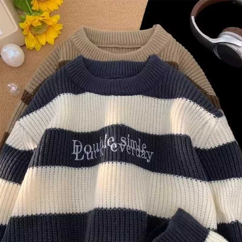 Autumn Men's Sweaters Men's Letter Printed Patchwork Striped Sweaters Y2K Vintage Crewneck Knitted Pullovers New High Street Fashion Knitw