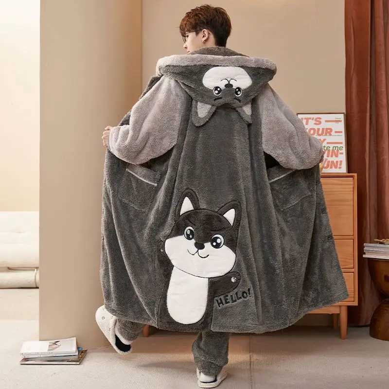 Sleep Lounge Women's New Winter Grey Husky Dog Cute Cartoon Print Adult Thick Coral Pajama Set 3D Ear Hooded Robe with Pants Warm Fluffy Sleepw