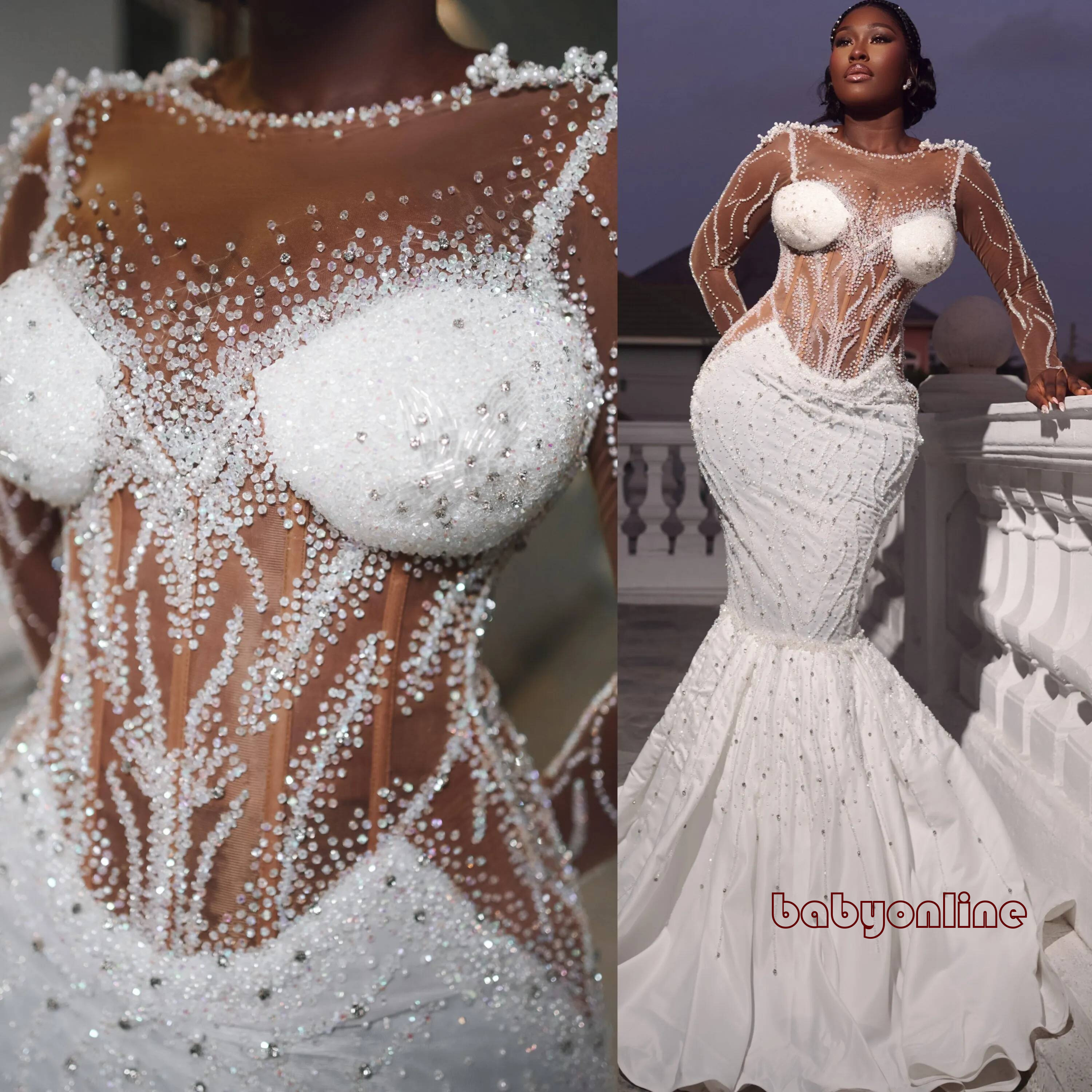 Stunning Beadings Mermaid Wedding Dresses Sheer Neck Crystals Beaded Full Sleeves Sequined Satin African Arabic Bridal Gowns Luxurious Robes de mari